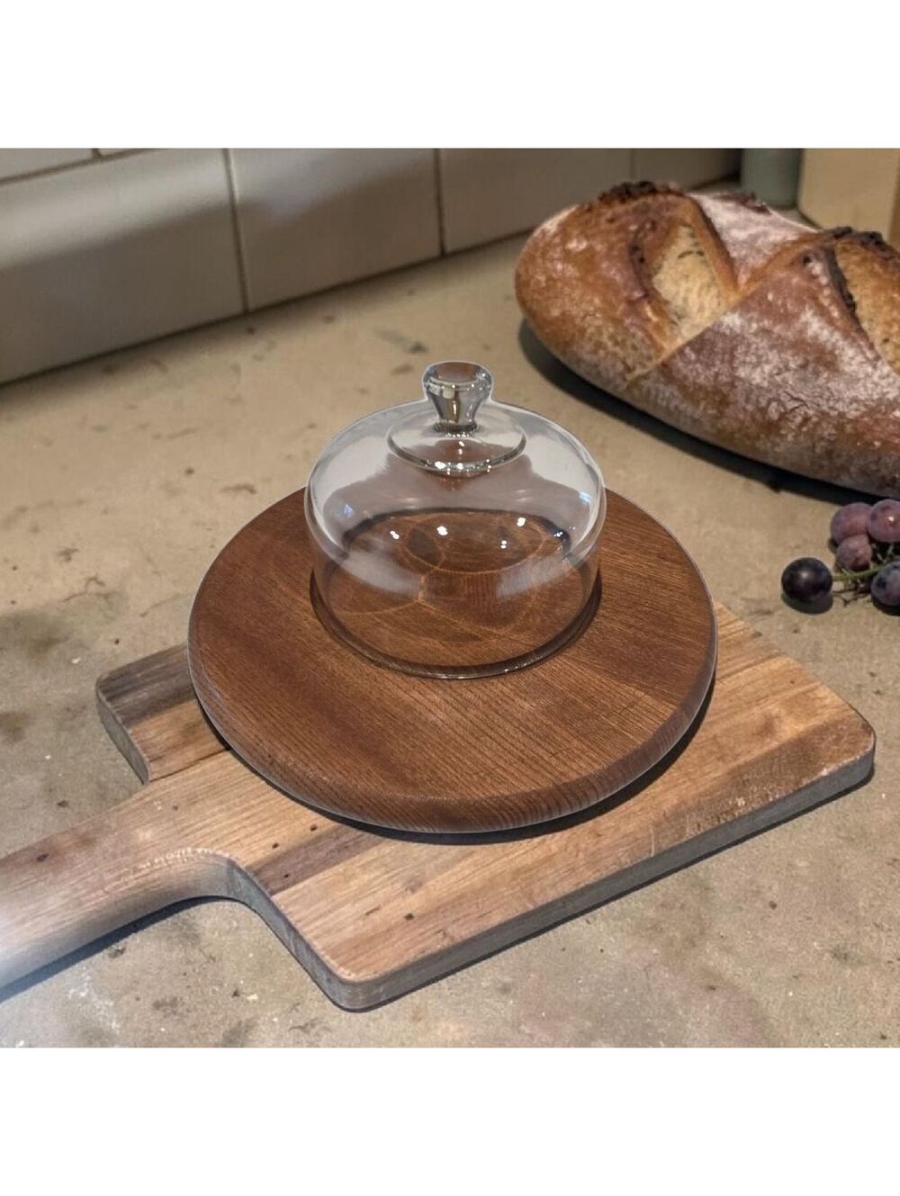 Vintage Made in Japan Wood Cheese Board Glass Cloche Serving Tray Charcuterie